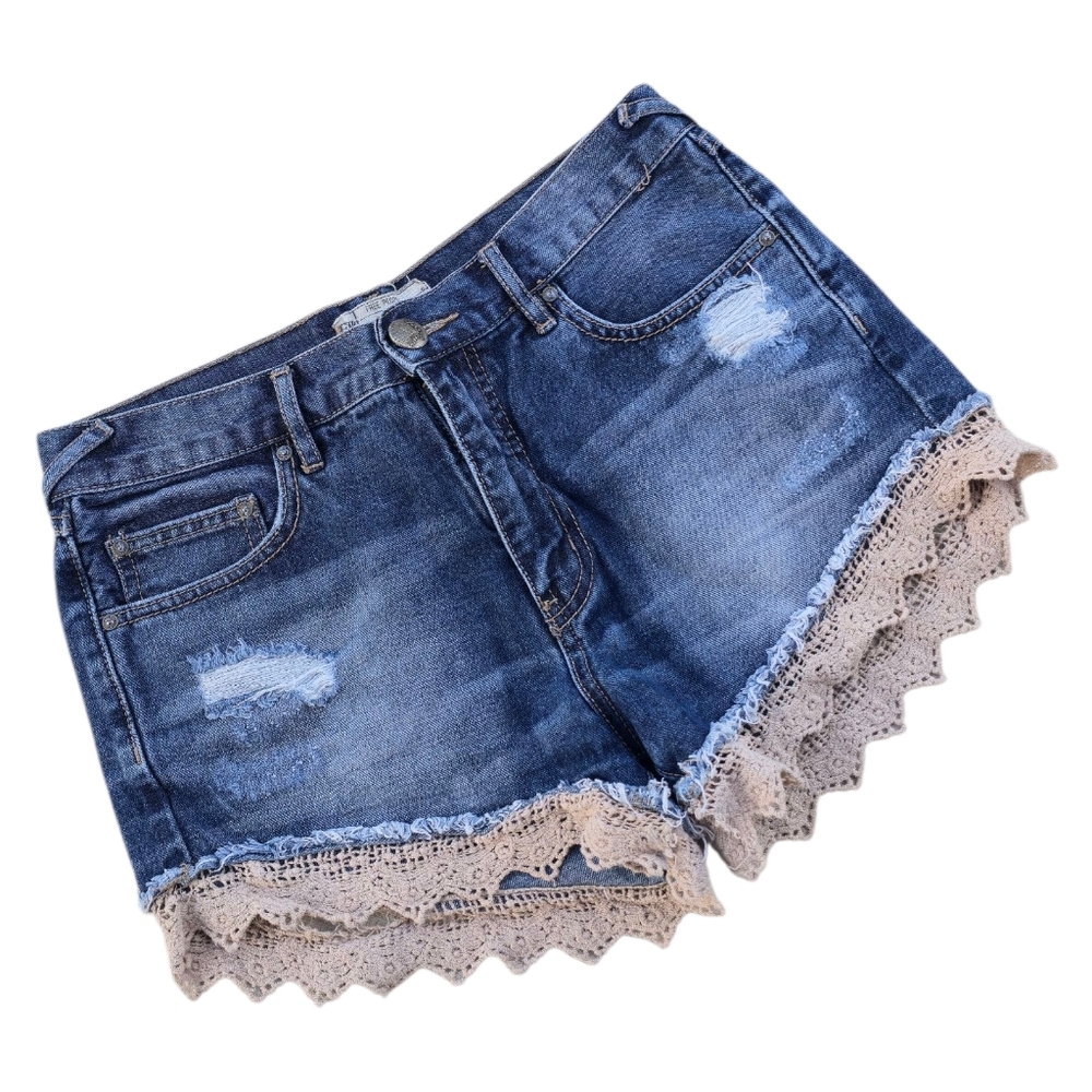 Free People Distressed Crocheted Denim Cut-Off Shorts Size 26
